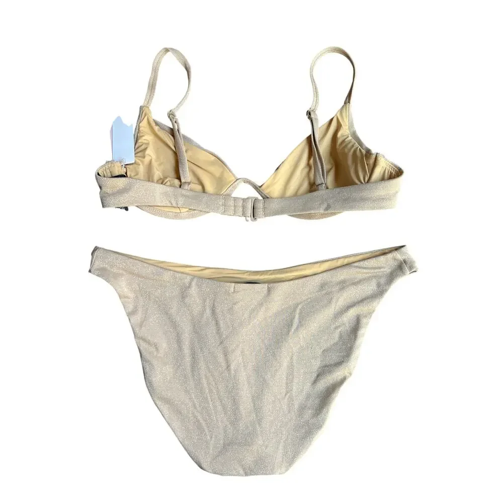 AQUA SWIM BLOOMINGDALES WOMENS MEDIUM WIRE TRIANGLE BIKINI SET SHIMMER GOLD NEW